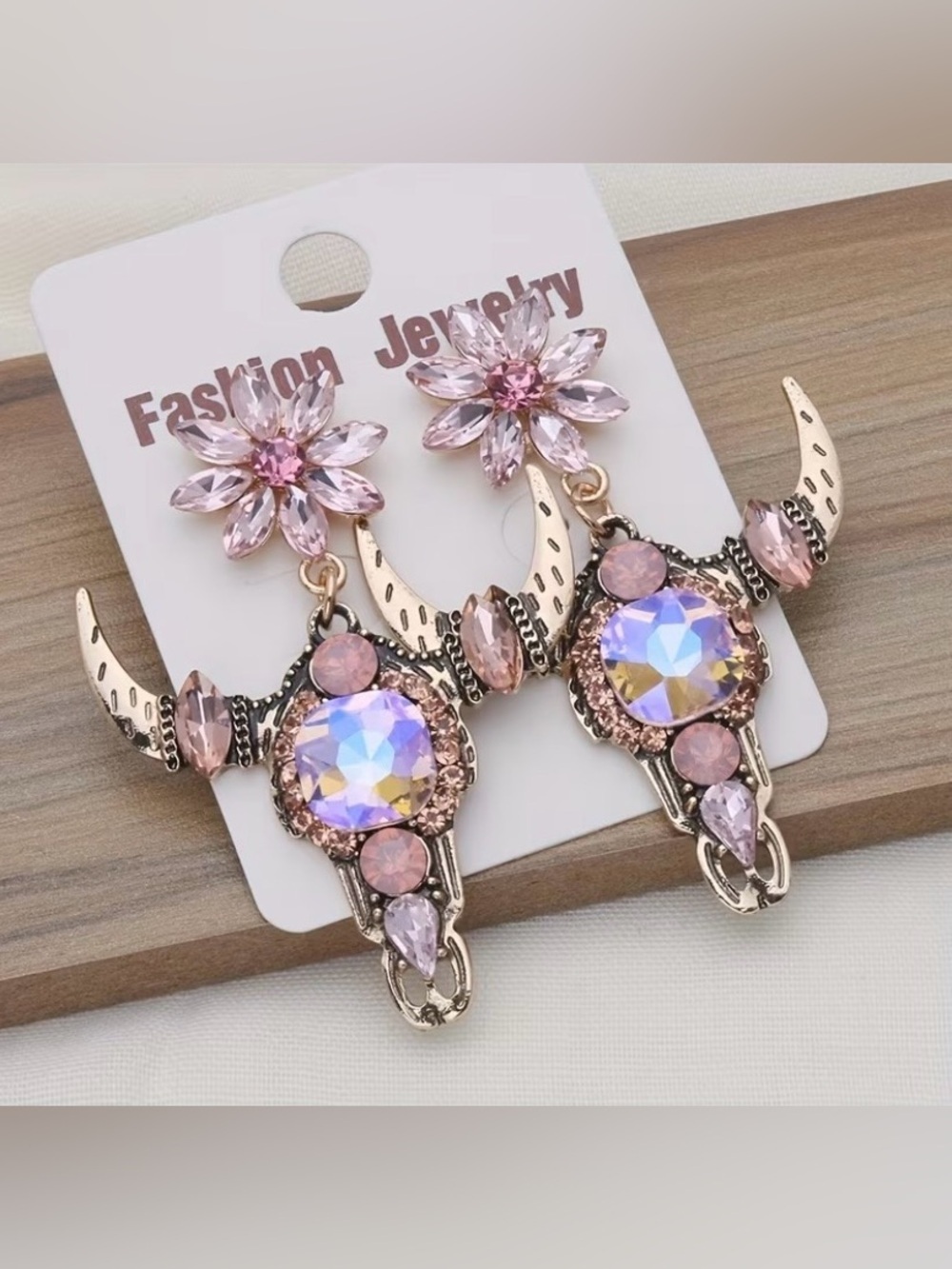 NEW! Trendy Pink Crystal Bull Skull Drop Earrings 🐂 A0-22
